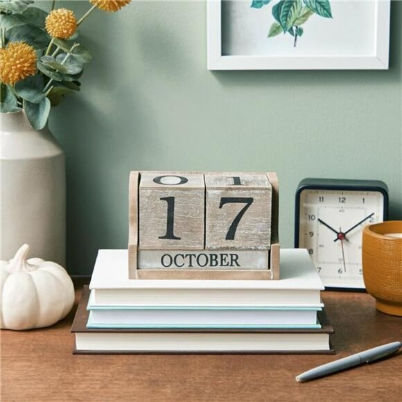 Wooden Perpetual Block Calendar Desk Rustic Farmhouse Decor Office Classroom Dis - Picture 3 of 7